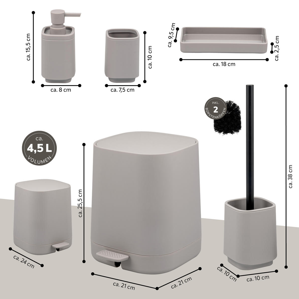 BAD-ACCESSOIRES-SET VALONA 5tlg., taupe, Kunststoff - Taupe, Kunststoff (21/25.5/21cm) - eluno