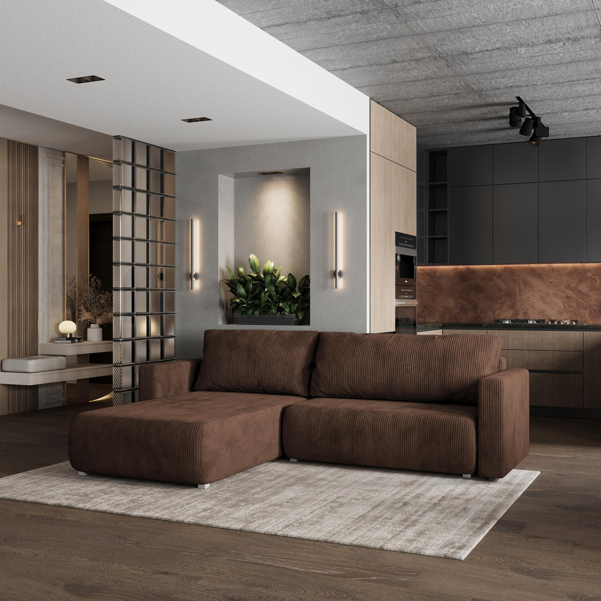 ROHOVÁ SEDAČKA TURIN hnědá - šedá/hnědá, dřevo/textil (265/183cm) - MASSENO