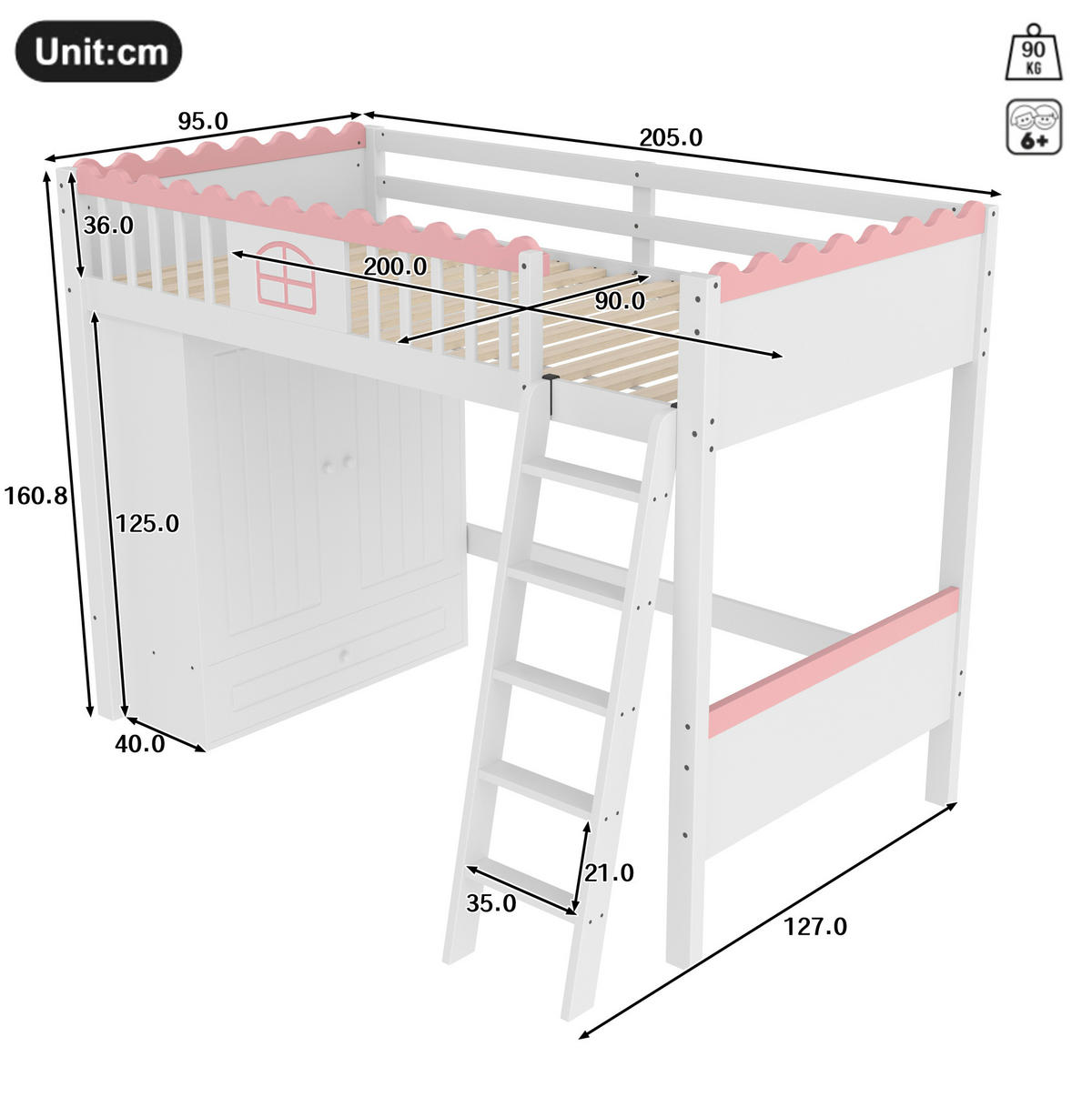HOCHBETT 90/200 cm mit LED, Kleiderschrank und Schublade aus Kiefern , Weiß - Weiß, Holzwerkstoff (90/200cm) - Redom