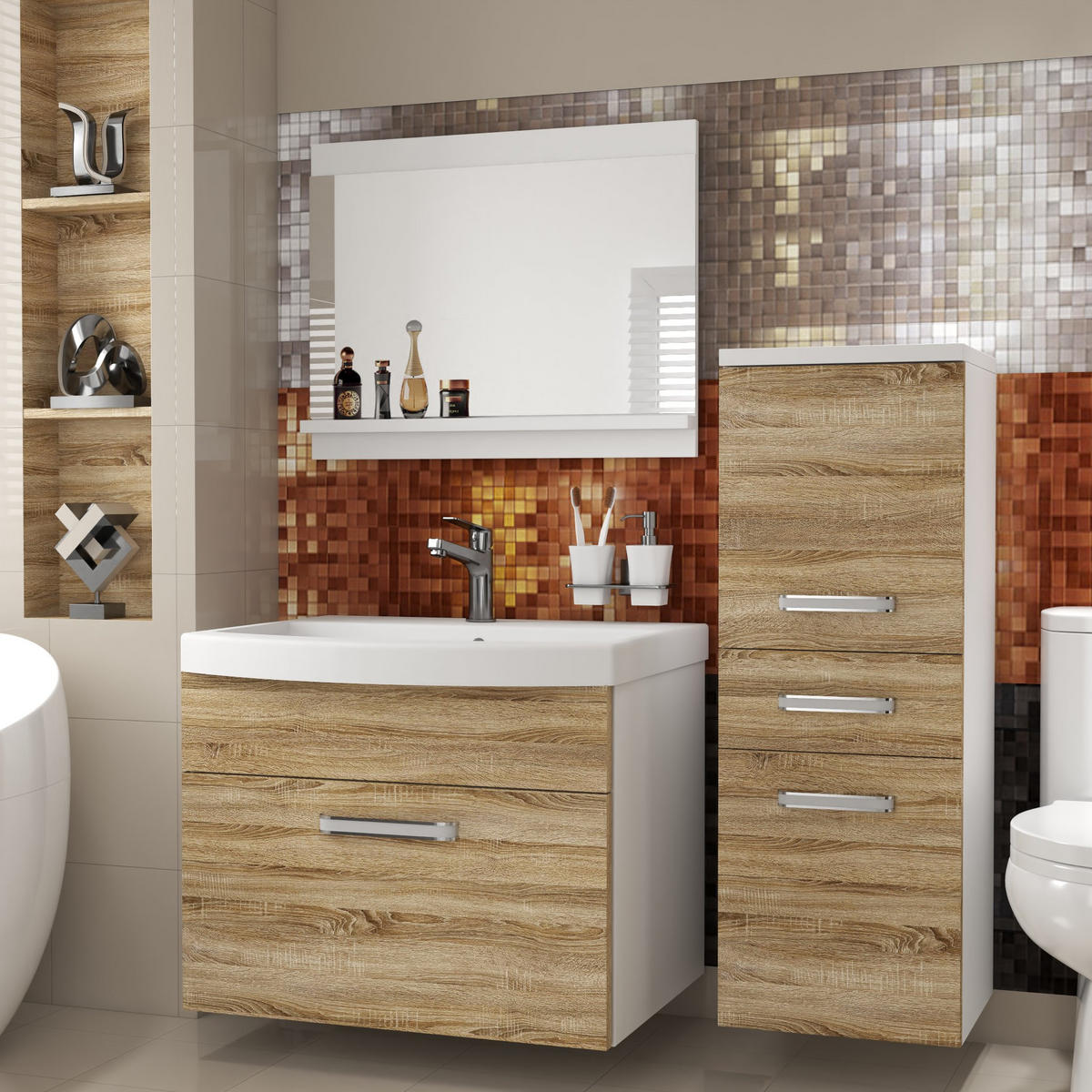 BADMÖBEL Badezimmer SET PRI M2, Sonoma Eiche Matt, 90 cm - Sonoma Eiche, Holz (38.7/81/90cm) - B BELINI GROUP