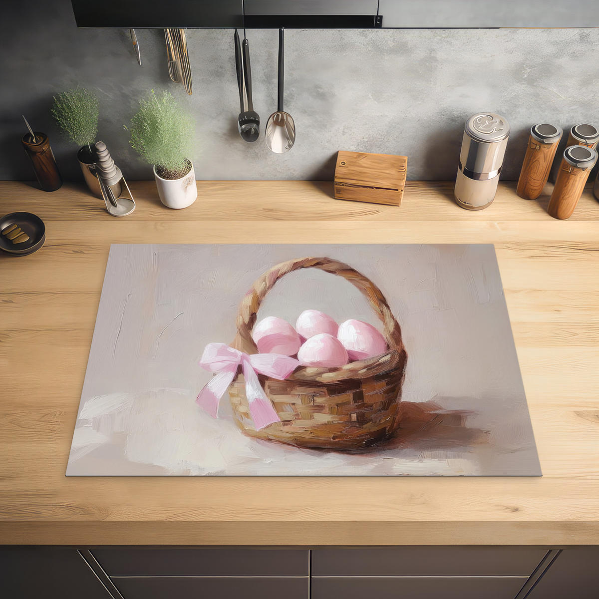 HERDABDECKPLATTE Korb - Eier - Rosa Herdabdeckung Induktionsfeld 75x52 cm - Beige, Kunststoff (75/52/0.2cm) - MuchoWow