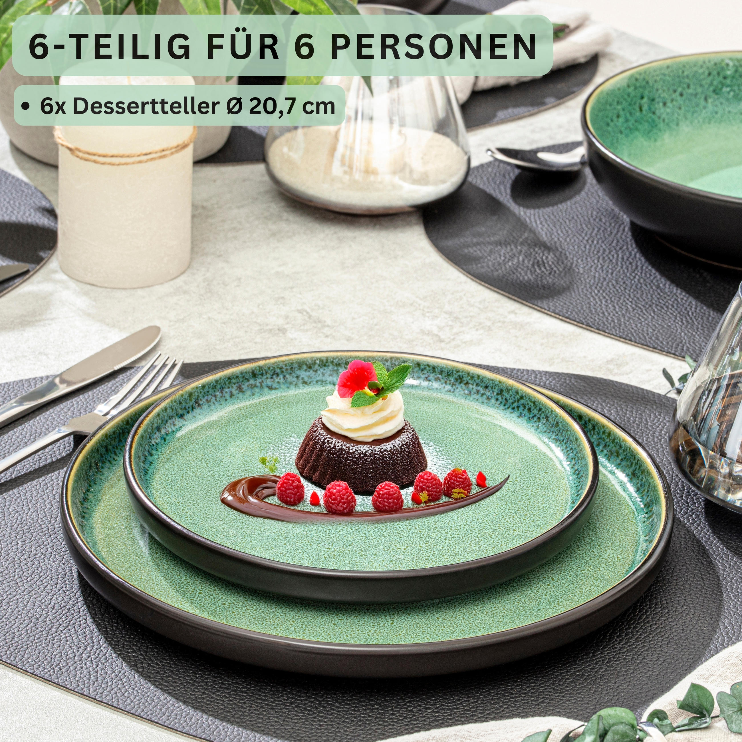 DESSERTTELLER SET GREENWICH - 6 teilig aus Steingut - Grün, Stein (20.7/20.7/6.3cm) - Sänger