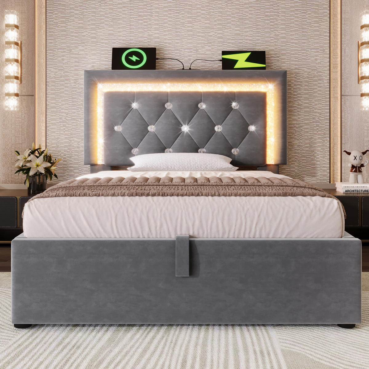 POLSTERBETT 90/200 cm Grau aus Samt mit LED-Beleuchtung und Bettkasten - Grau, Textil (90/200cm) - OKWISH