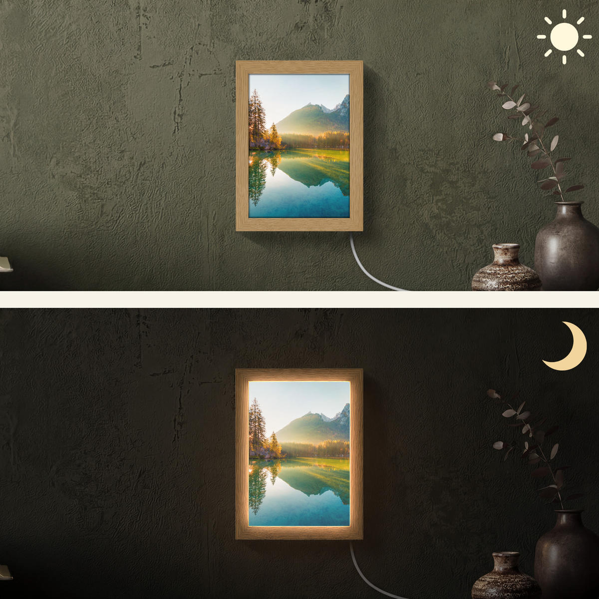 WANDLEUCHTE See - Wald - Berge - Natur - Sonne - Landschaft 15x20 cm - Grün, Holzwerkstoff (15/20/8cm) - OnlyWow