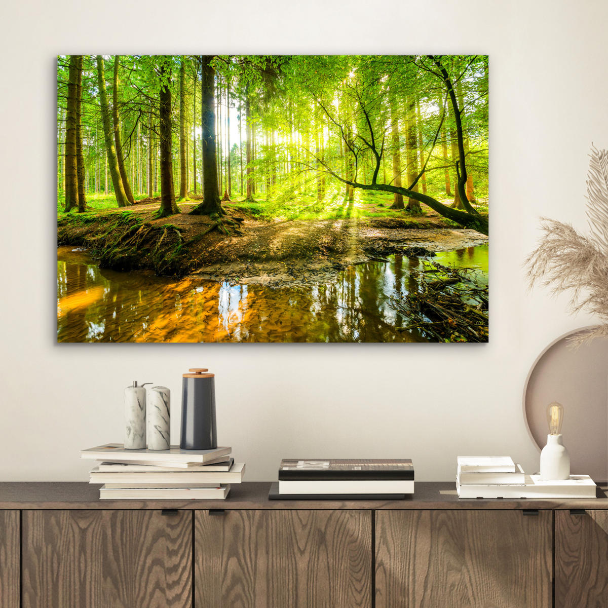 METALLBILD Wald - Landschaft - Wasser - Bäume - Sonne - Grün - Natur 60x40 cm - Grün, Metall (60/40cm) - MuchoWow
