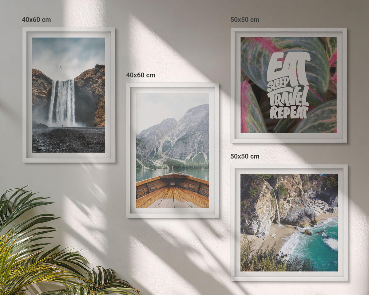 WANDBILDER 4er-Set - 50x50 cm & 40x60 cm Weißer Rahmen - Wasserfall Bergreise Natur - Weiß, Kunststoff (50/50cm) - ArtPrintCave