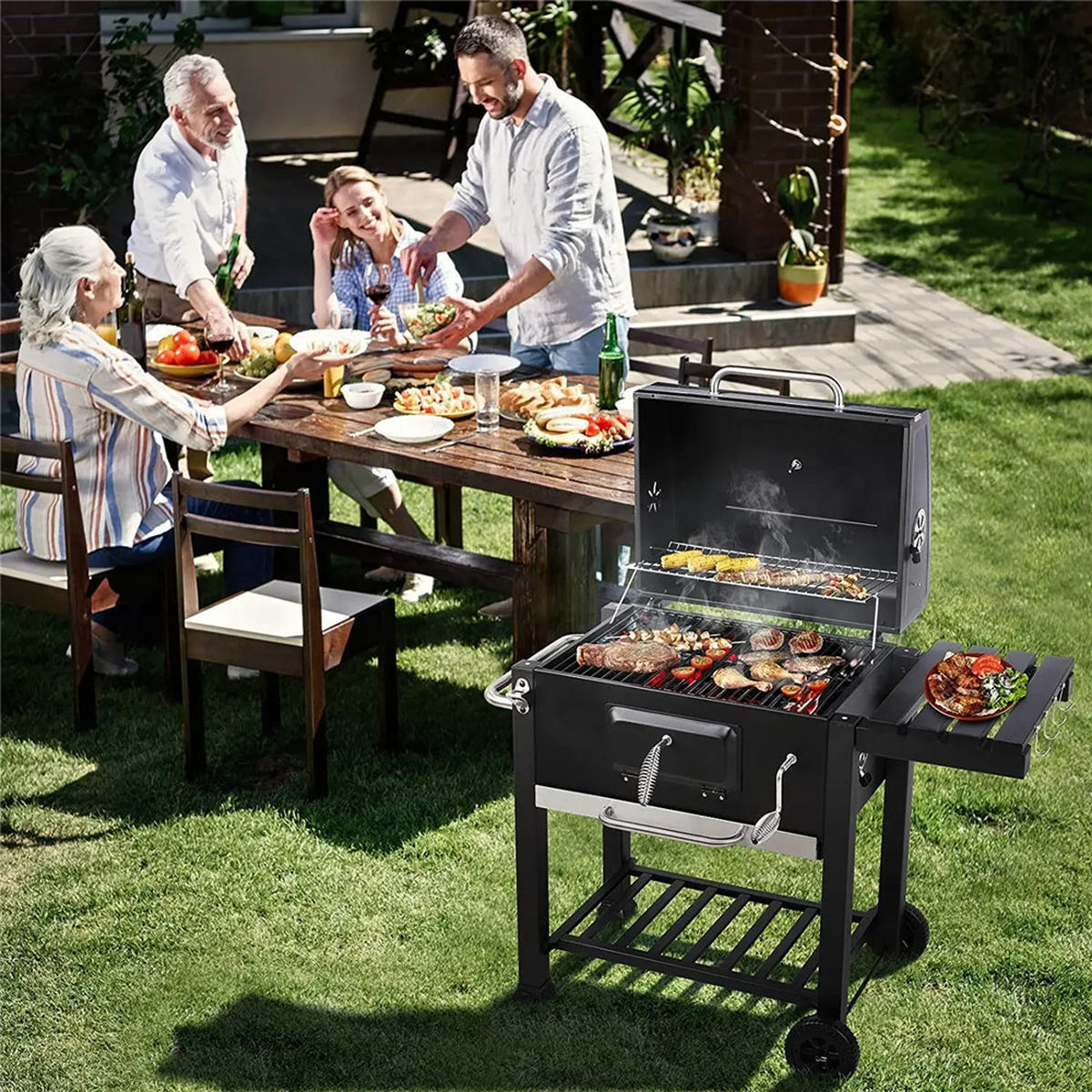 HOLZKOHLEGRILL BBQ für 5–10 Personen mit 2 Rädern - Schwarz, Metall (116/82.6/55.7cm) - Kaket