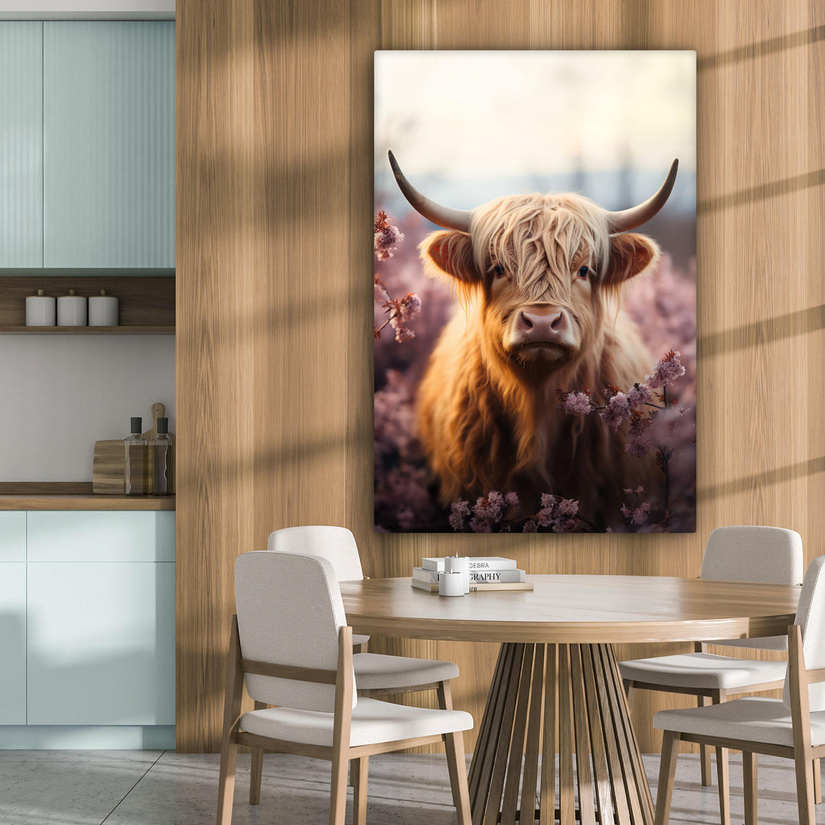 LEINWANDBILD - Schottischer Hochländer - Frühling - Hochland - 80x120 - Wanddeko - Hellrosa, Textil (80/120cm) - MuchoWow