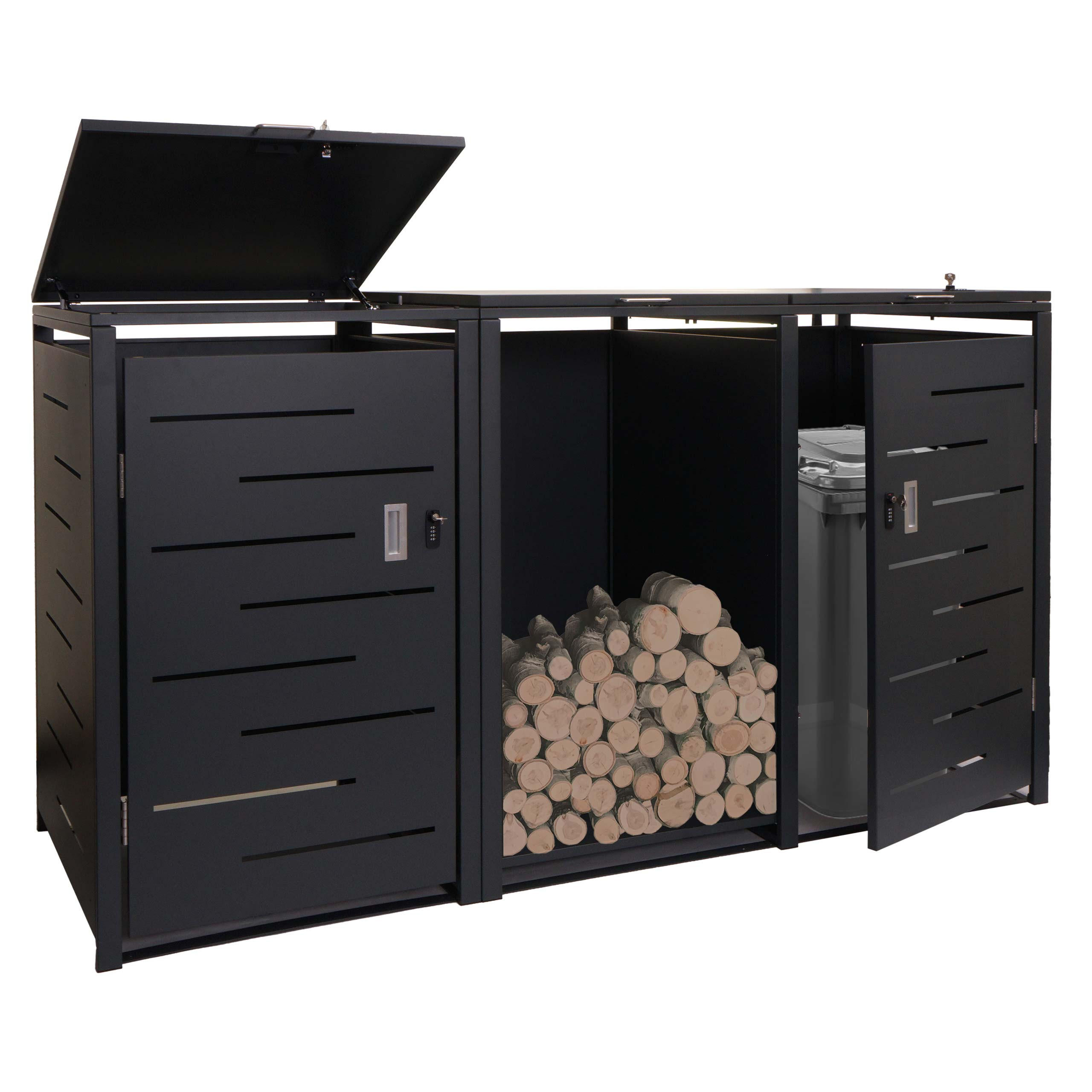 MÜLLTONNENBOX 2er mit Brennholzregal 117x198x82cm erweiterbar 180kg Anthrazit - Anthrazit, Metall (198/117/82cm) - PROREGAL