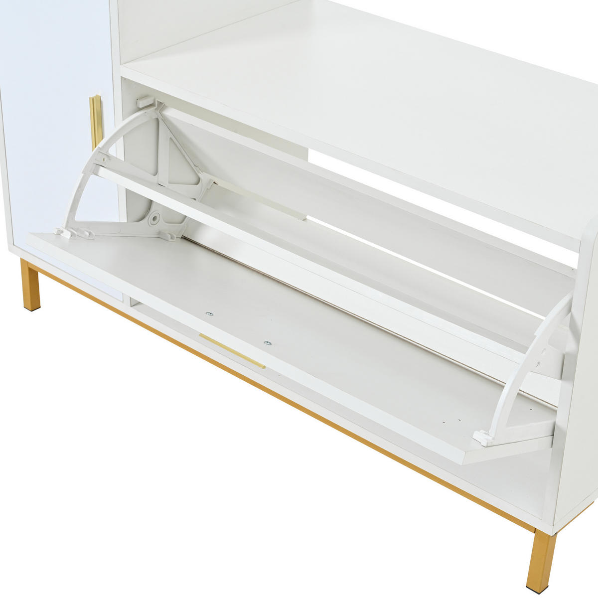 SCHUHSCHRANK 100/38/68 cm in Weiß/Gold mit Sitzkissen und Hochglanzfront - Weiß, Holzwerkstoff (100/68/38cm) - Flora Grace