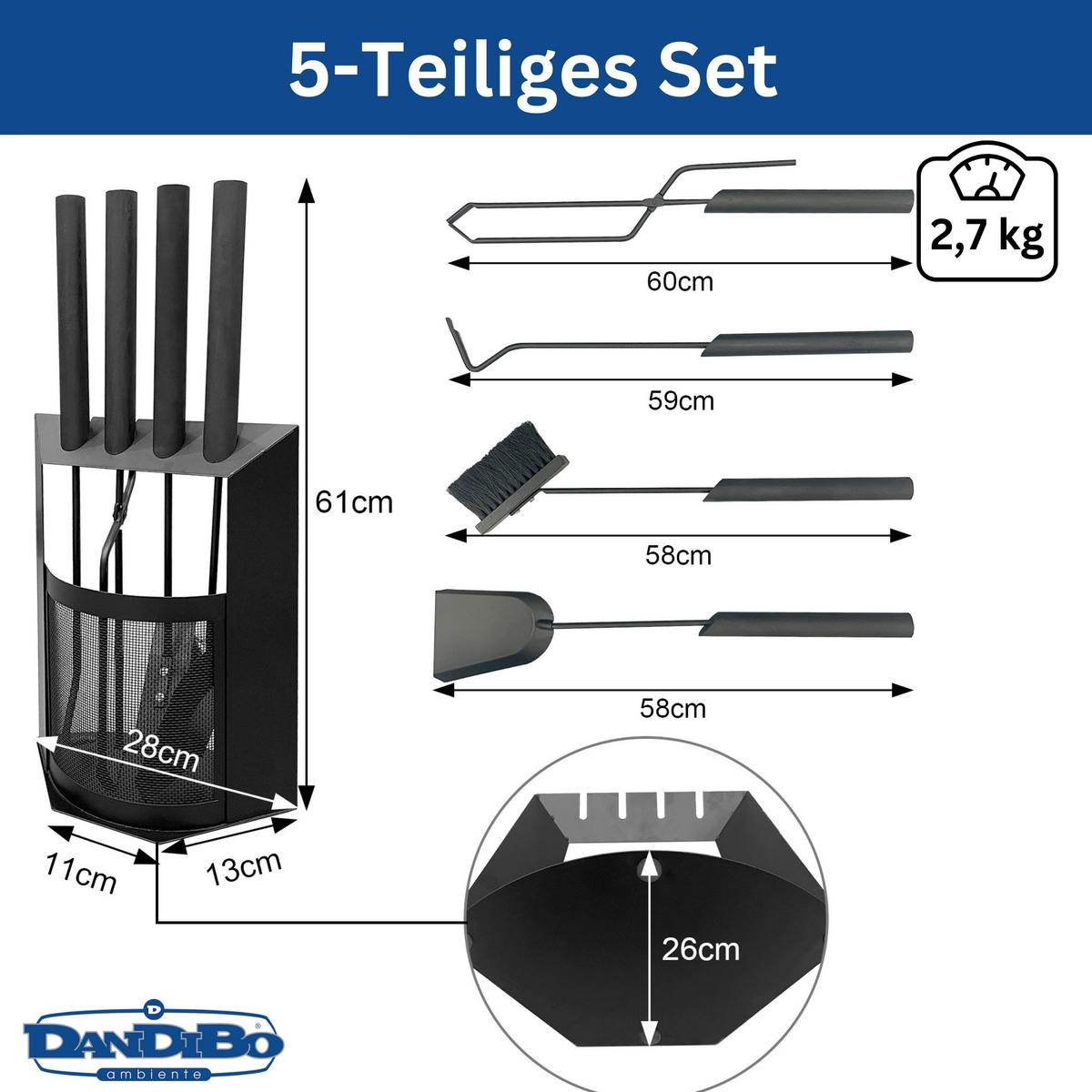 KAMINBESTECK Schwarz Modern 5 Teilig Set - Schwarz, Metall (28/61/26cm) - DanDiBo