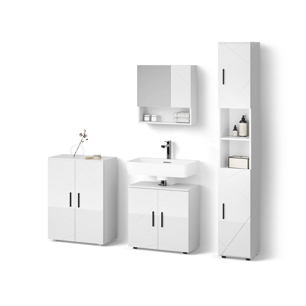 BADMÖBEL-SET Ronco Weiß Hochglanz 4 Teile, mit Hochschrank und Kommode - Weiß Hochglanz/Weiß, Holzwerkstoff (60/192/30cm) - Livinity®