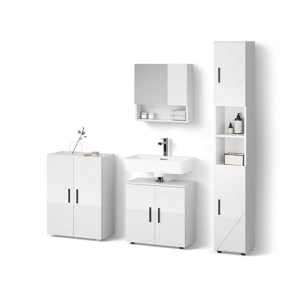 BADMÖBEL-SET Ronco Weiß Hochglanz 4 Teile, mit Hochschrank und Kommode - Weiß Hochglanz/Weiß, Holzwerkstoff (60/192/30cm) - Livinity®