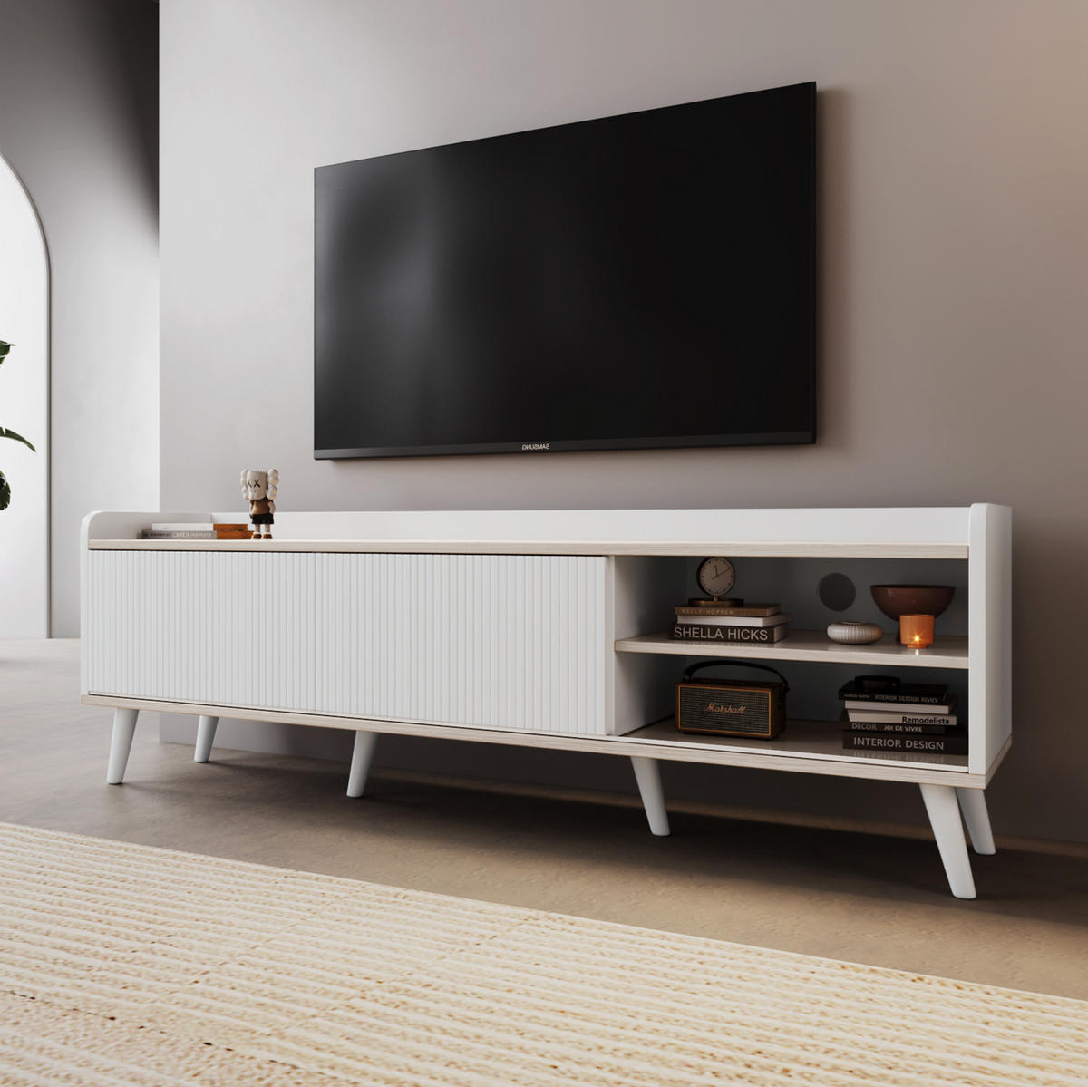TV-LOWBOARD 160/40/58 cm mit 2 Schiebetüren und 2 Schubladen - Weiß, Holzwerkstoff (160/58/40cm) - BEAOK
