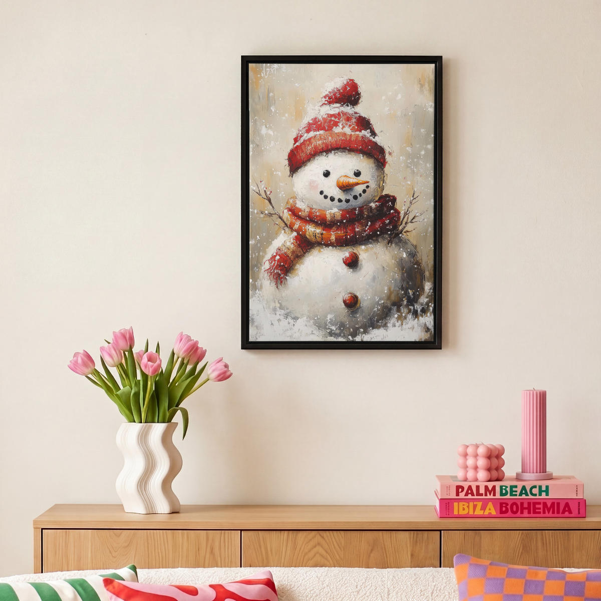 LEINWAND Bilder mit Rahmen - Schneemann - Winter - Schnee - Beige - 20x30 - Weiß, Textil (20/30cm) - MuchoWow