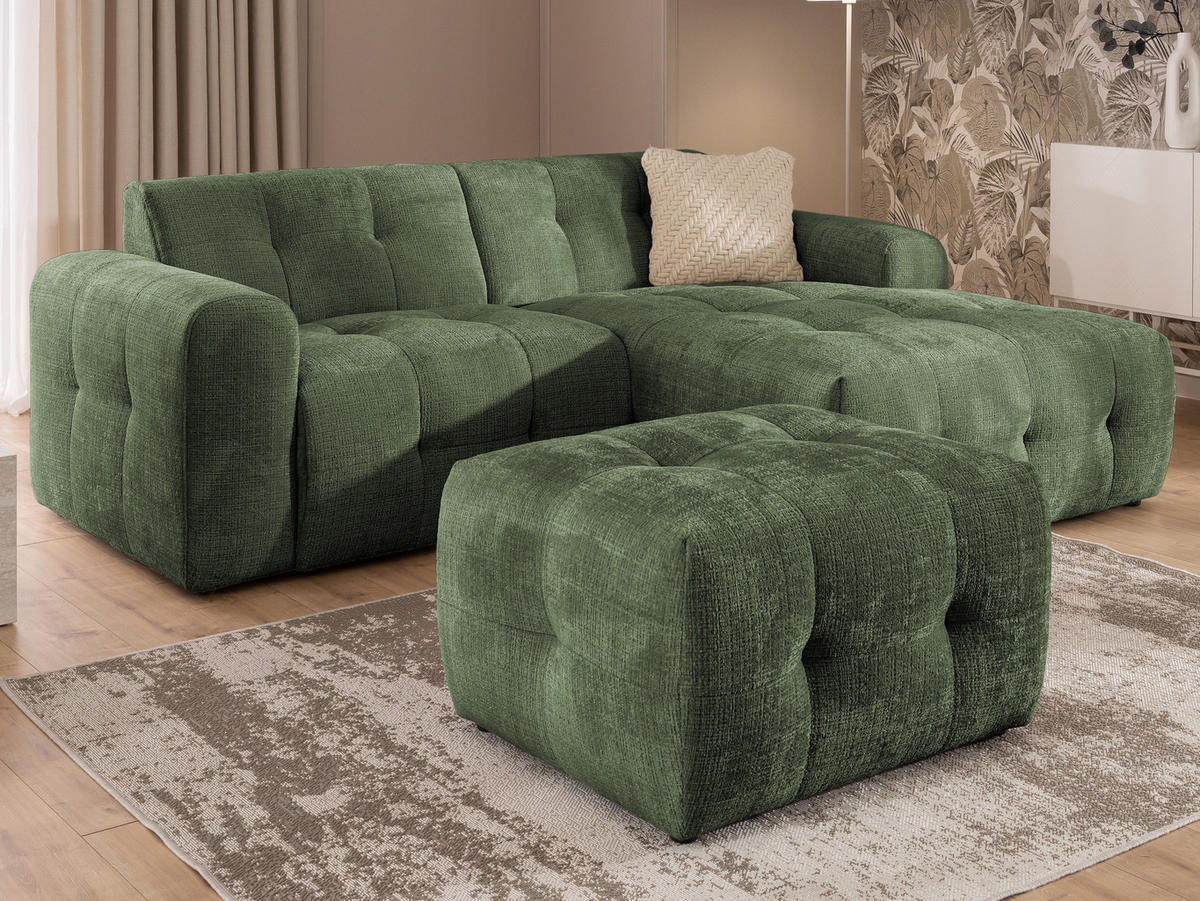 ECKSOFA inkl. Hocker Kozy im Bumpy-Design mit Schlaffunktion und fester Rückenlehne aus weichem Grün Chenille-Stoff - Ottomane rechts - Schwarz/Grün, Holz/Kunststoff (234/161cm) - S-Style Möbel