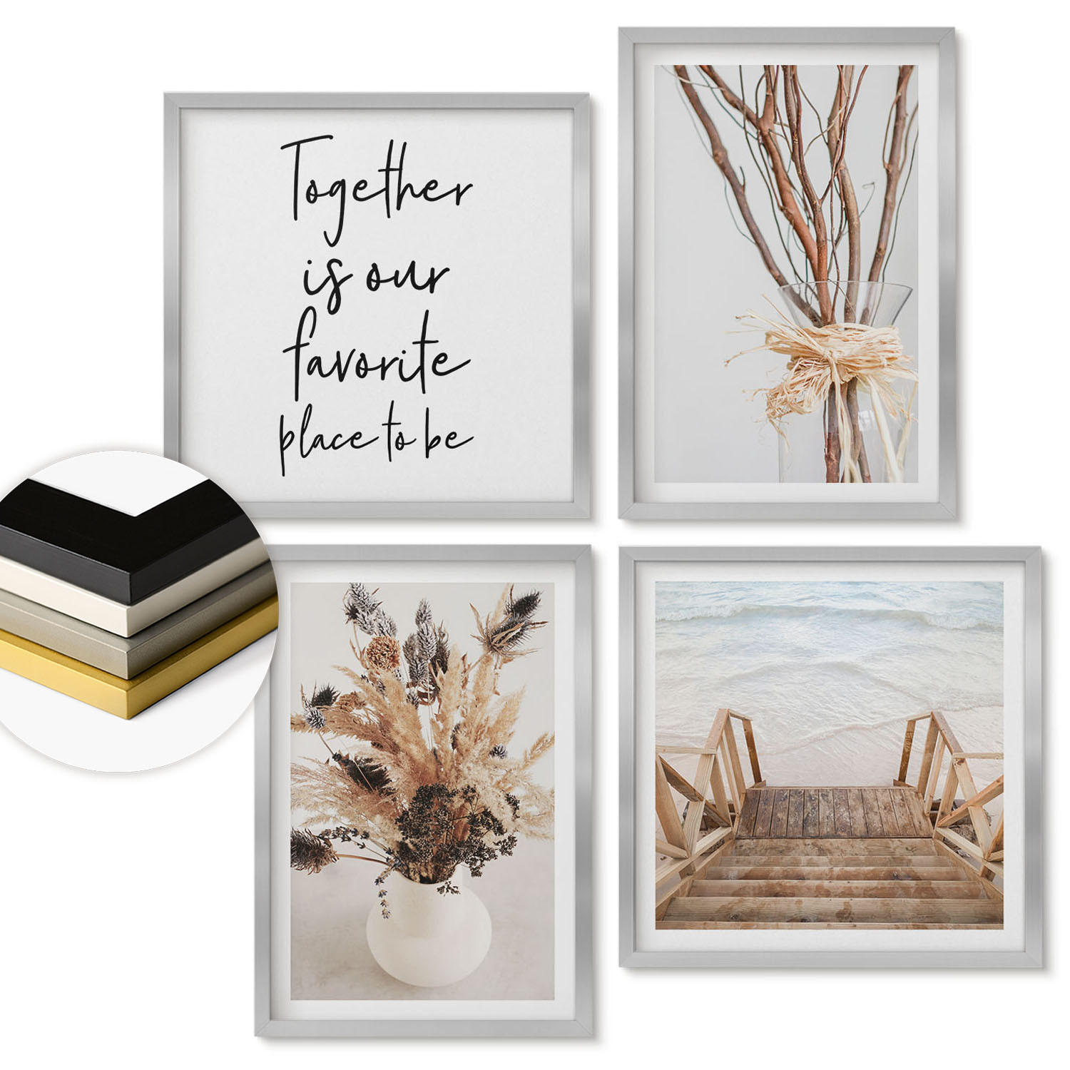 WANDBILDER 4er Set - 50x50 cm & 40x60 cm Silberner Rahmen - Blumenzweige Minimalismus Natur - Silberfarben, Kunststoff (50/50cm) - ArtPrintCave