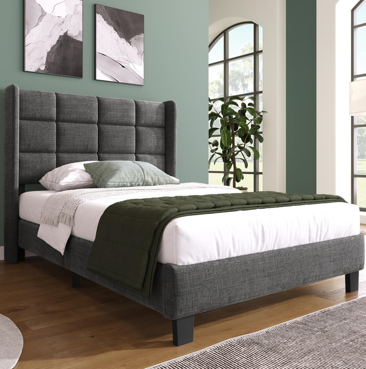 POLNJENA postelja iz lanu 90x200 cm siva z visokim vzglavjem, letvenim dnom in tihim stabilnim okvirjem - siva, tekstil (90/200cm) - Modfu