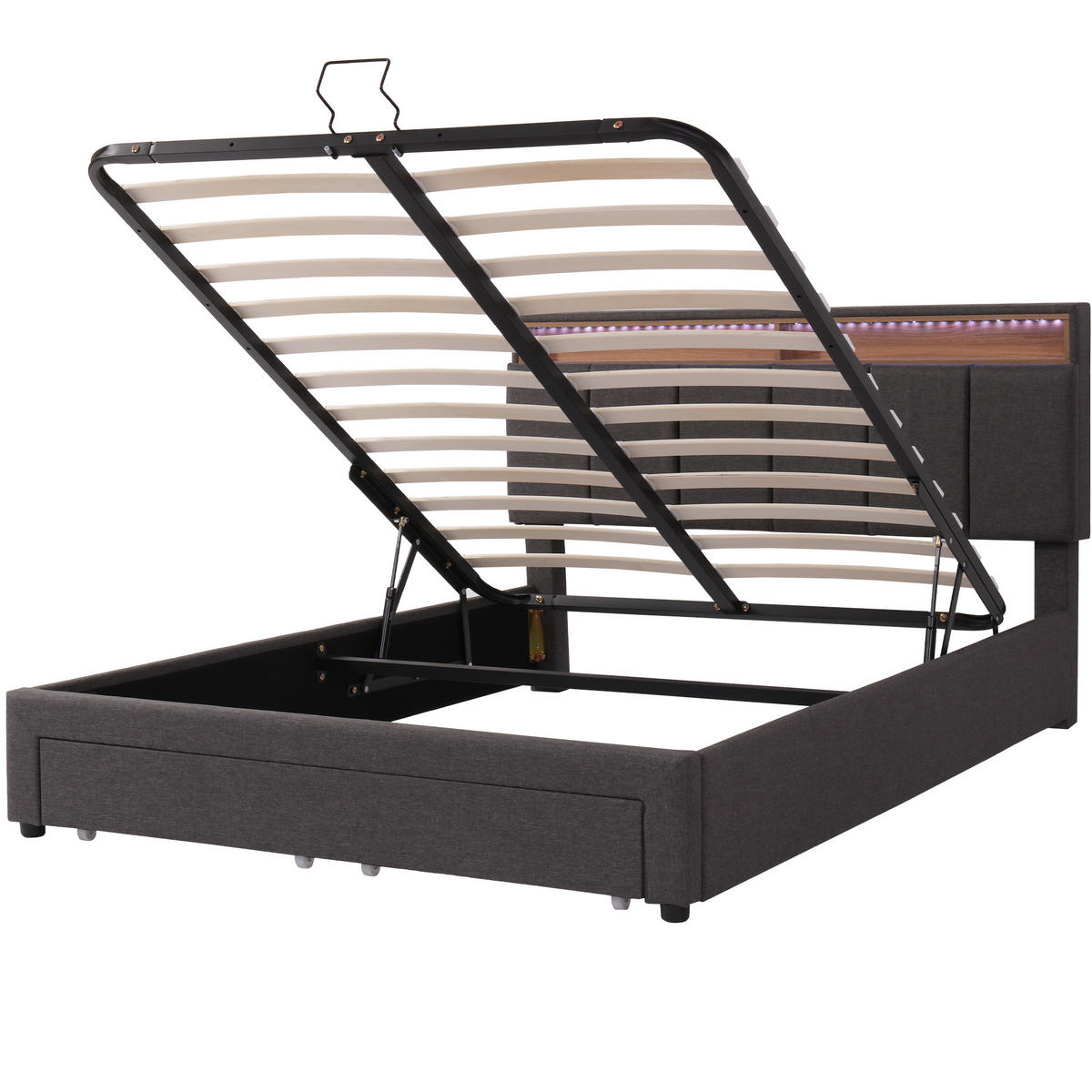 POLSTERBETT 180x200 cm LED Schubladen Stauraum Kopfteil Leinen grau - Grau, Holz (180/200cm) - LEBENLANG
