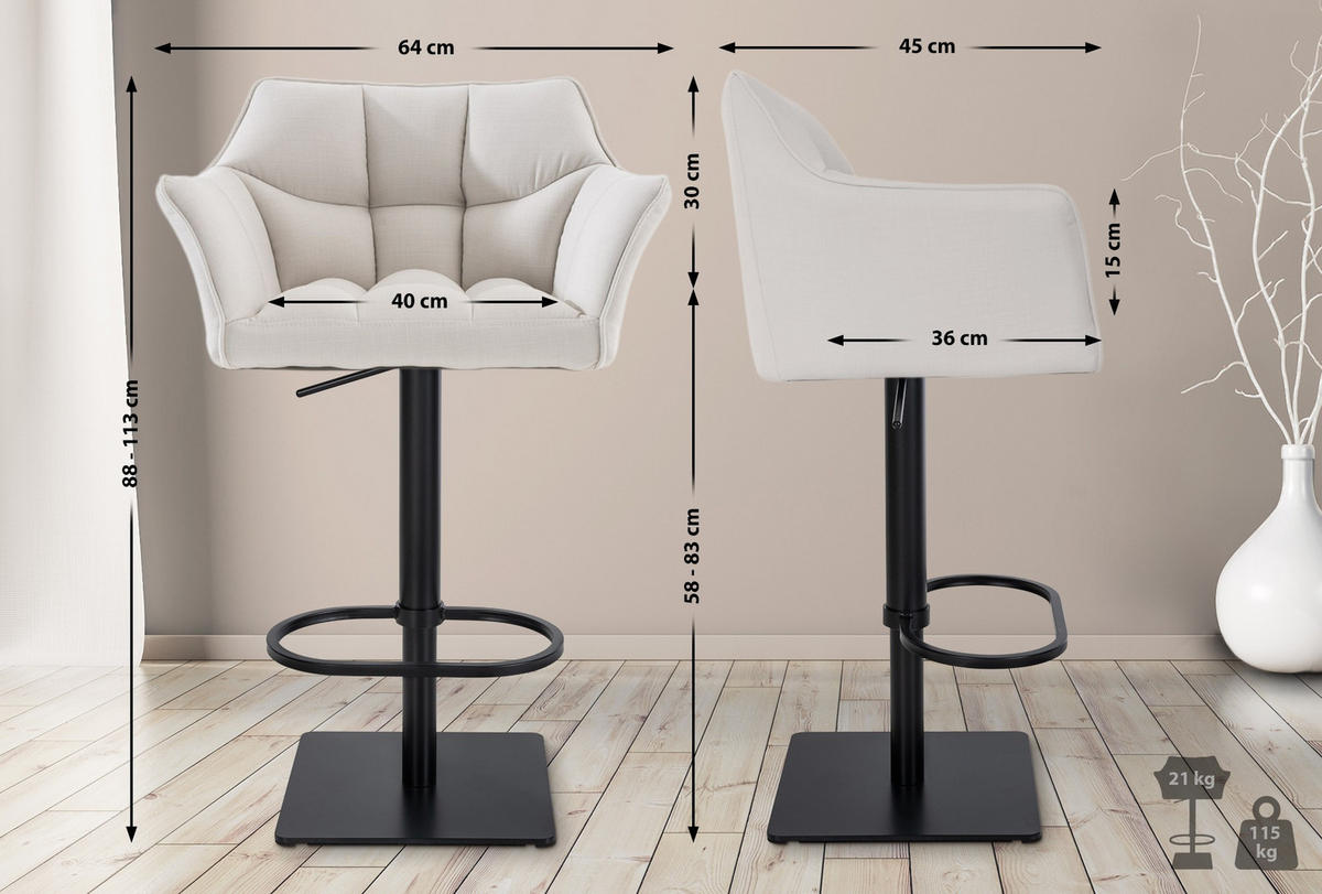 BARHOCKER 2er Set Stoff Weiß - Schwarz/Weiß, Textil/Metall (64/88/45cm) - CLP