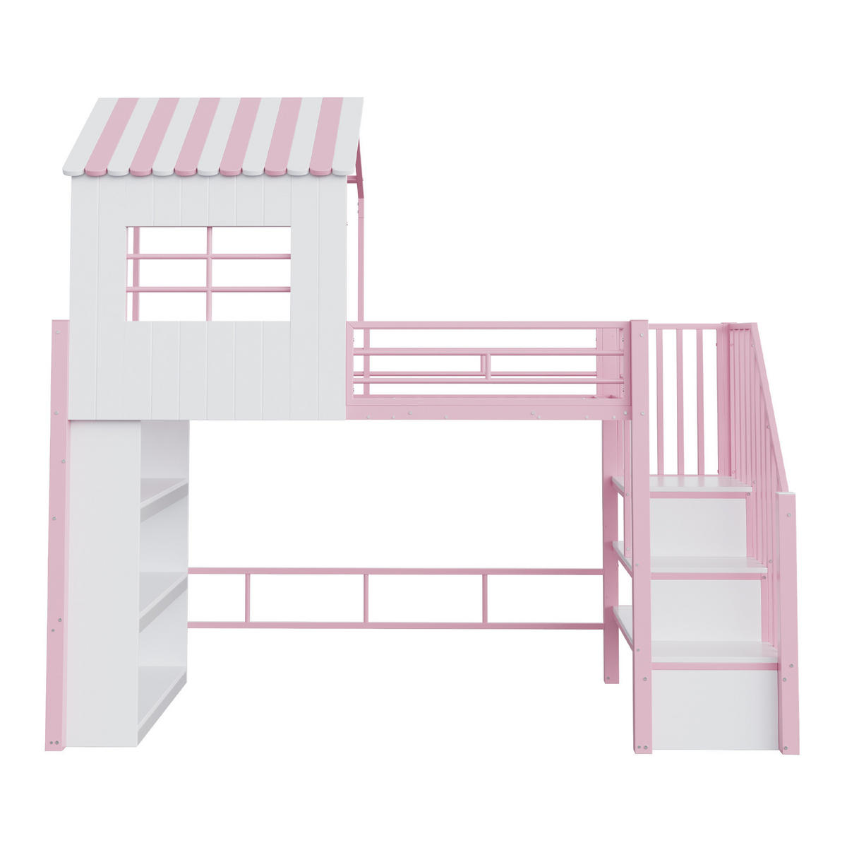 HOCHBETT aus MDF und Metall 90x200 cm Rosa mit Stauraumtreppe, Regal und viel Platz unter dem Bett - Pink, Holzwerkstoff (90/200cm) - Modfu