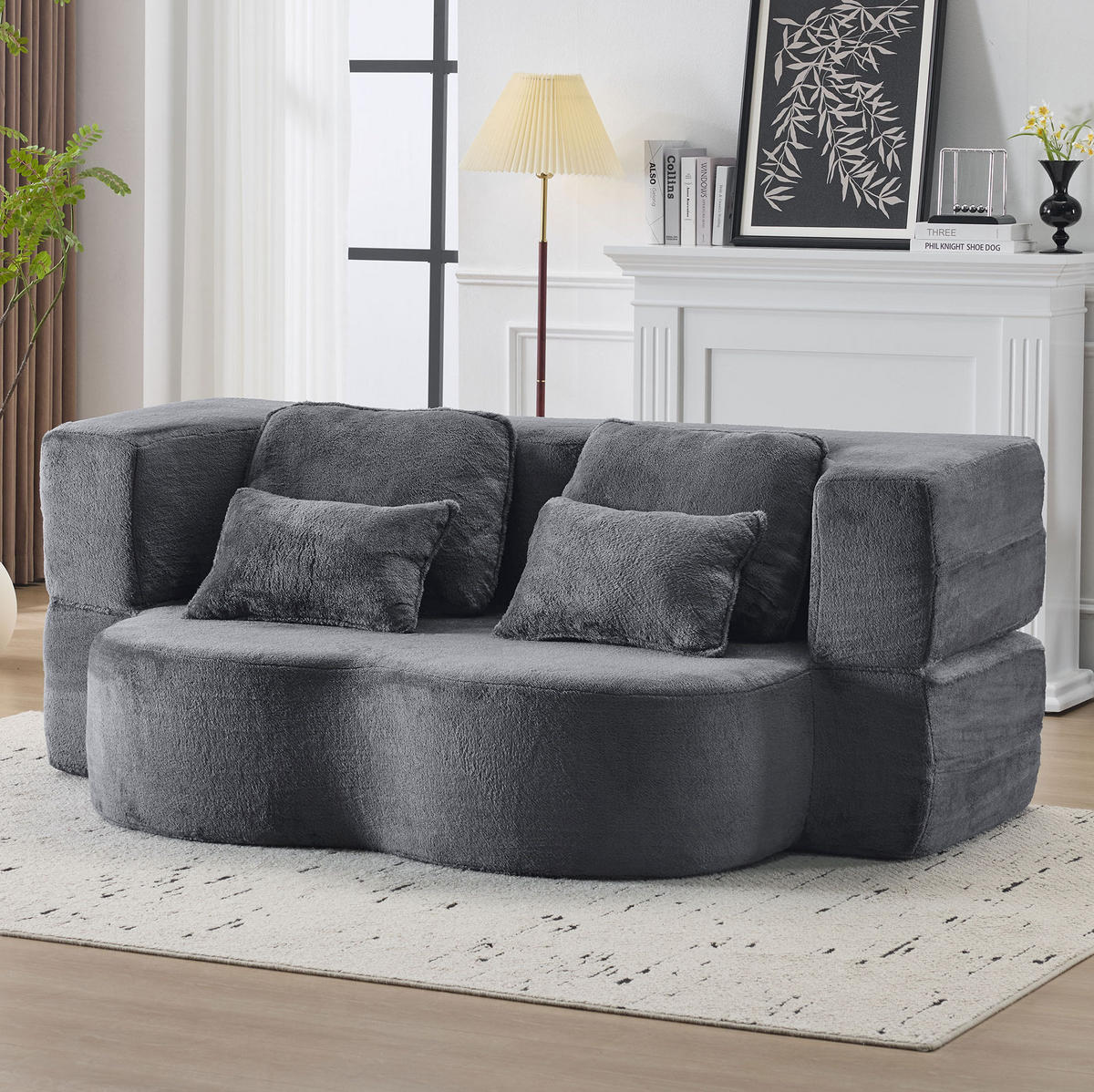 BODENSCHLAFSOFA klappbar mit hochdichtem Schaumstoff, 4 Kissen und 2-in-1-Funktion, Blau/Grau - Grau, Kunststoff (198/76/60cm) - Redom