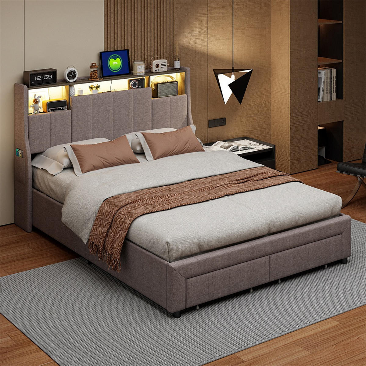 POLSTERBETT 160x200 cm mit LED-Ohrenkopfteil, Ablagefächern, Seitentaschen und 2 schubladen - ohne Matratze - Grau - Grau, Textil (160/200cm) - DELFA