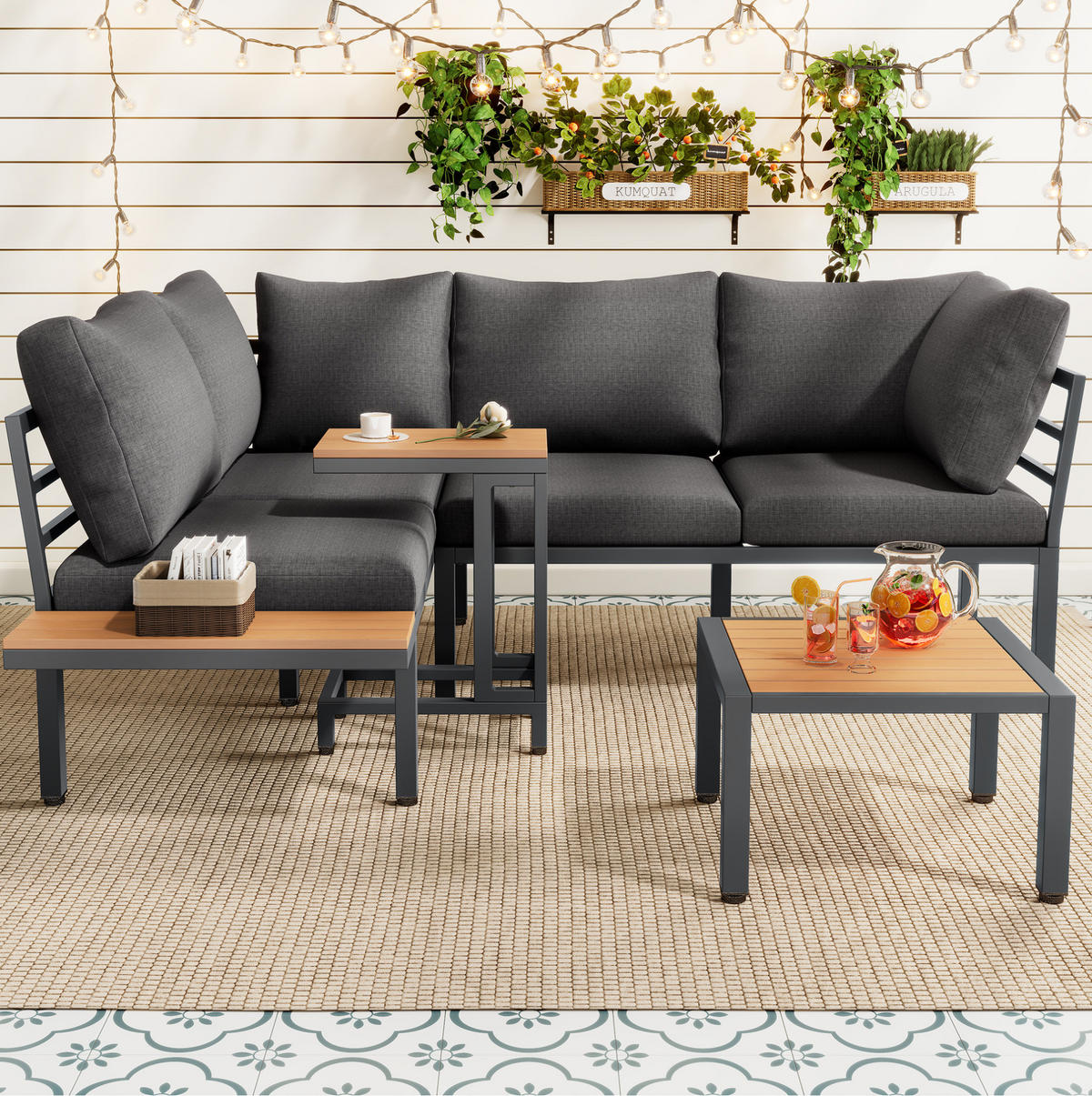 GARTENMÖBEL-SET mit Ecksofa, Beistelltisch und Couchtisch/Ottomane aus verzinktem Stahl und WPC, Grau/Schwarz - Grau, Metall - Redom
