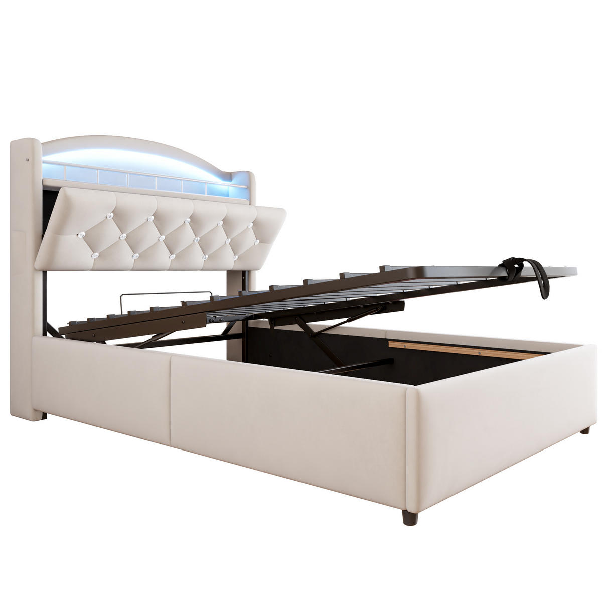 SAMT-POLSTERBETT 90/200 cm mit Bettkasten, LED und gepolstertem Kopfteil - Beige, Textil (90/200cm) - BEAOK