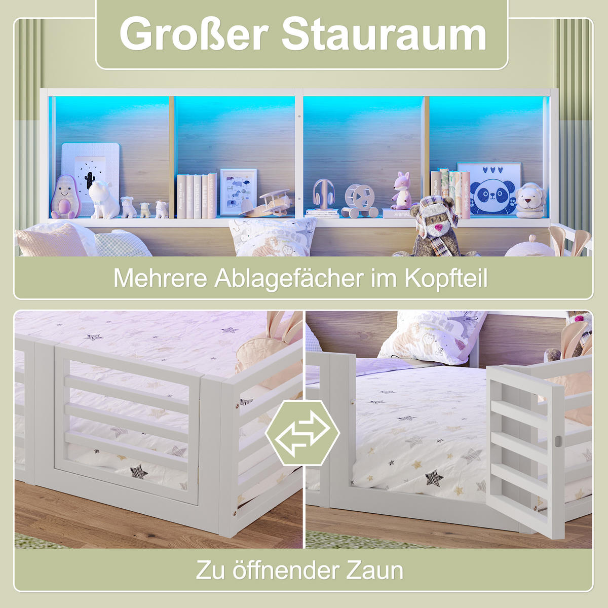 ZAUNBETT 140x200cm Weiß Metall Daybett Bettseite Staufach - Weiß, Holz (140/200cm) - FLIEKS