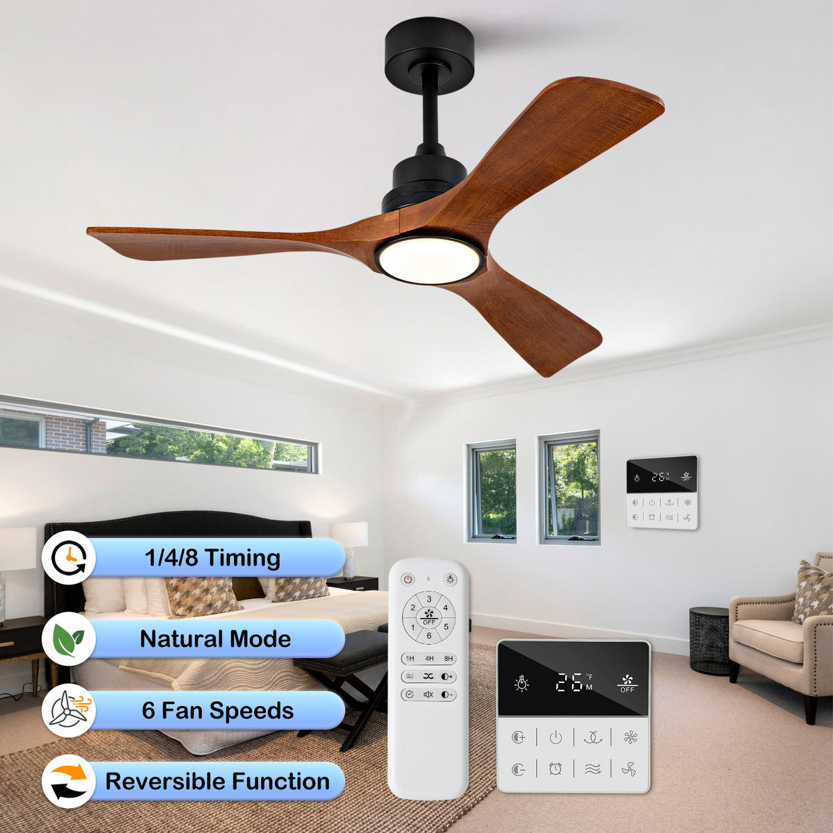 DECKENVENTILATOR DE-16225 42 Zoll mit LED Schwarz/Walnuss - Walnussfarben, Holz/Metall (107/107/36cm) - ComfortXL