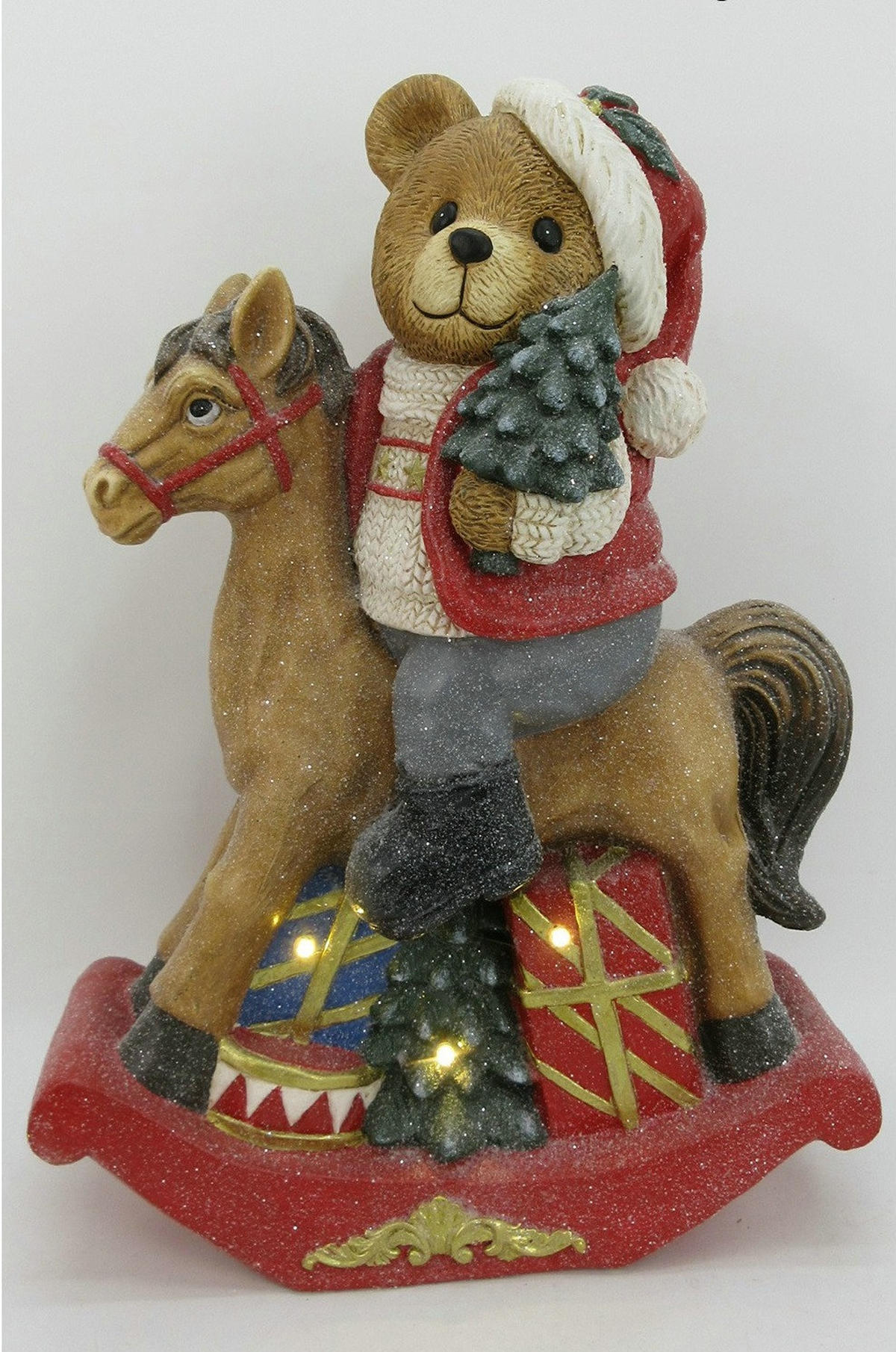 WEIHNACHTSFIGUR Santa Lila LED Teddybär auf Schaukelpferd - Rot, Keramik (21/56/40cm) - Mondex