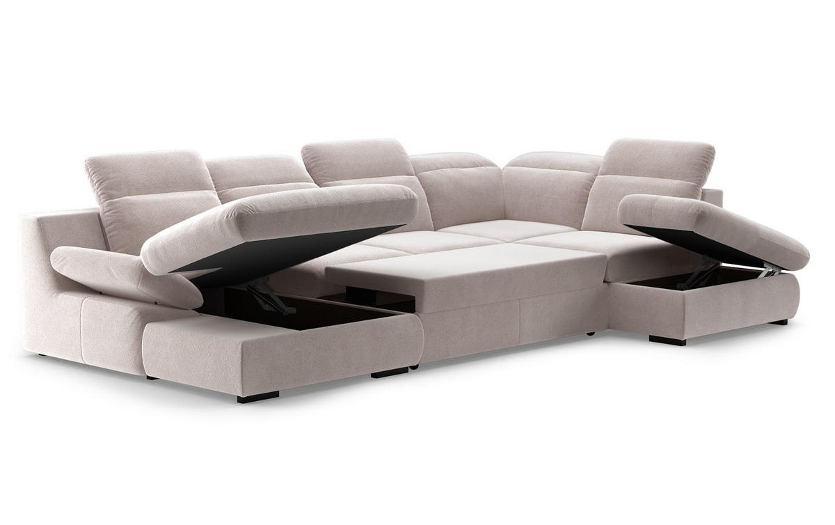 WOHNLANDSCHAFT mit Schlaffunktion und Bettkasten, verstellbare Kopflehnen - Beige/Schwarz, Kunststoff/Textil (218/80/341cm) - Cotta
