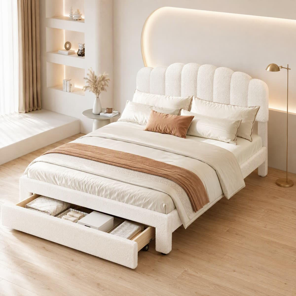 POLSTERBETT 140x200cm beigefarbenes Teddybär-Plüsch-Doppelbett mit USB-Anschluss und Schubladen. - Beige, Textil (140/200cm) - CASIVA