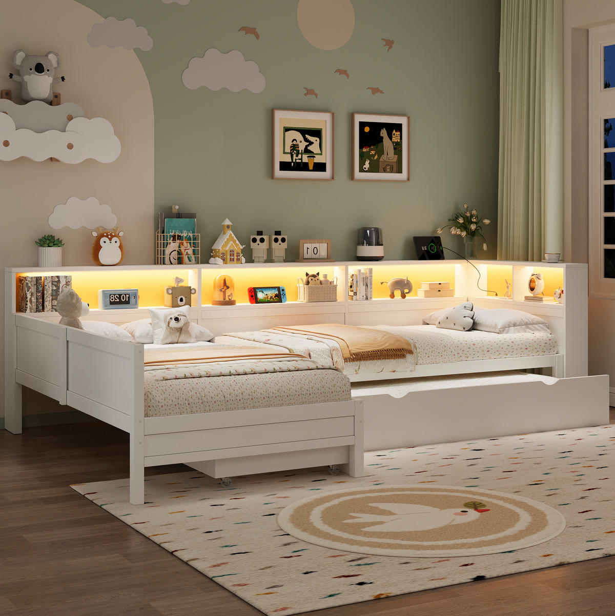 TAGESBETT 90/200 cm aus MDF und Sperrholz mit Ausziehbett, LED und Ladestation, Weiß - Weiß, Holzwerkstoff (90/200cm) - Redom