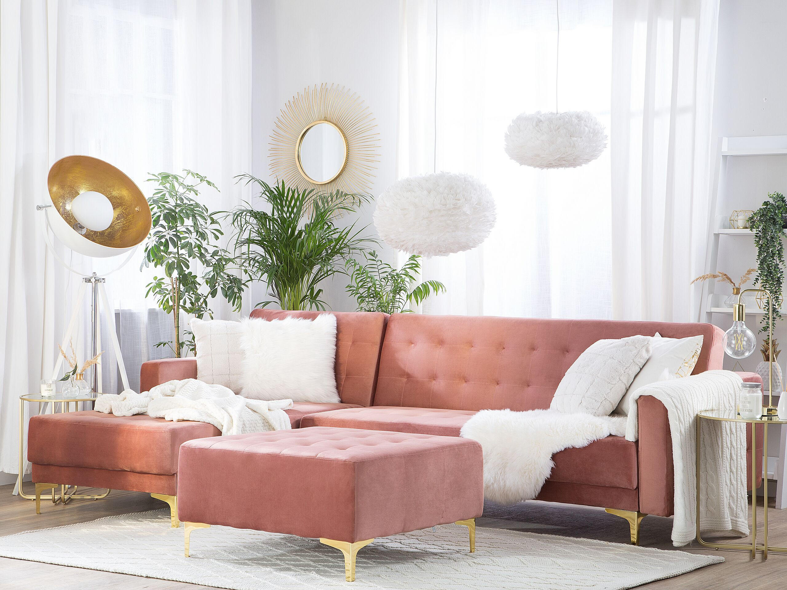 SCHLAFSOFA linksseitig mit Ottomane Samtstoff Rosa Aberdeen - Pink, Textil (267/168cm) - Beliani