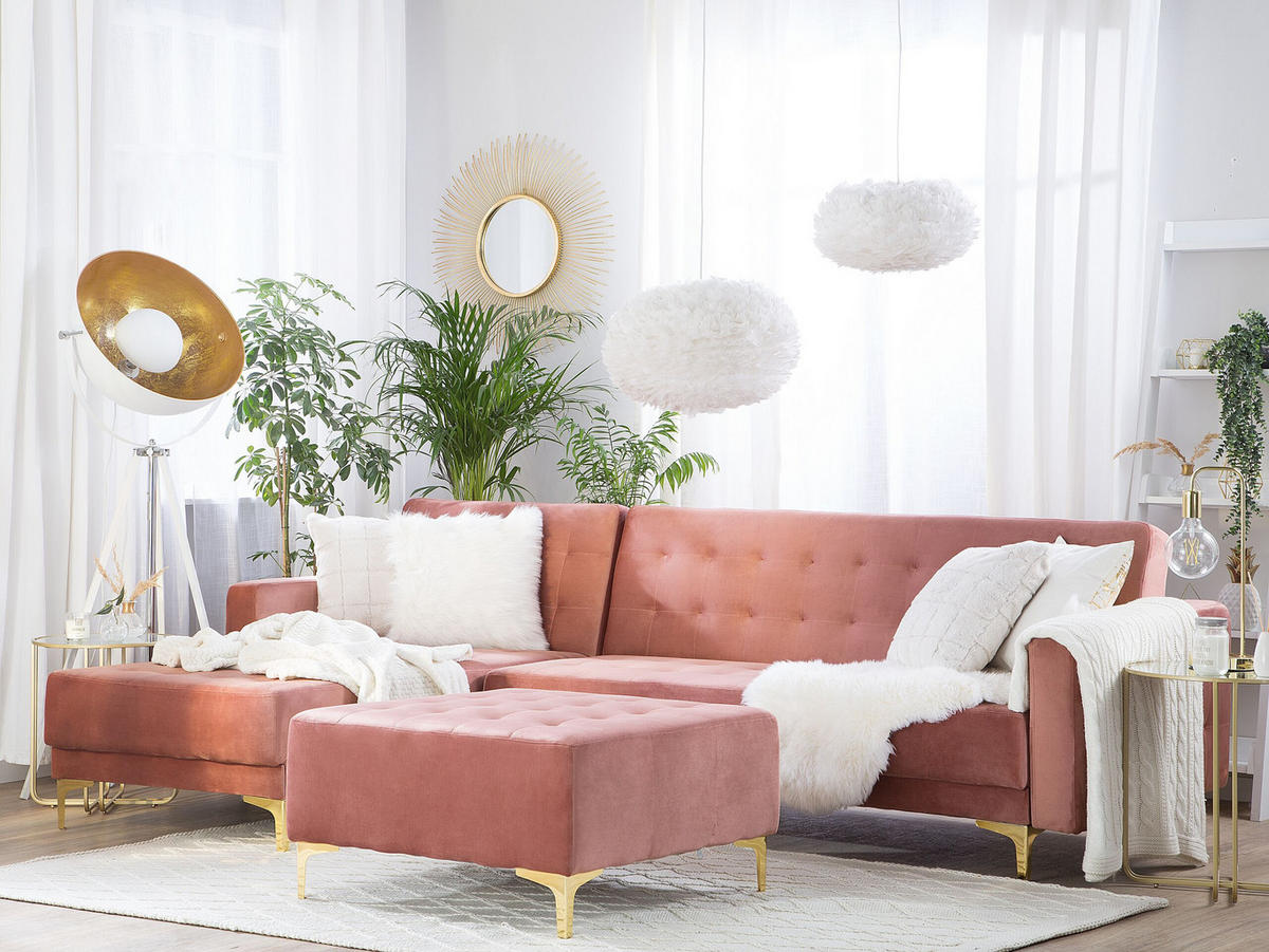 SCHLAFSOFA linksseitig mit Ottomane Samtstoff Rosa Aberdeen - Pink, Textil (267/168cm) - Beliani