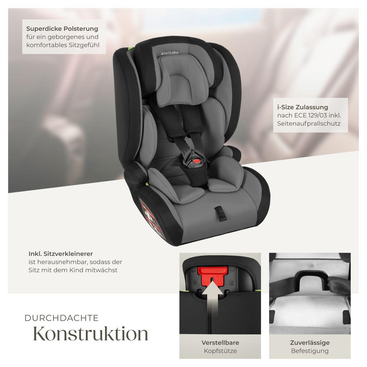 AUTOSITZ Sophie,von 76 bis 150 cm, Belastbarkeit 36 kg,dunkelgrau/schwarz - Dunkelgrau/Schwarz, Kunststoff (47/80.5/47cm) - tectake