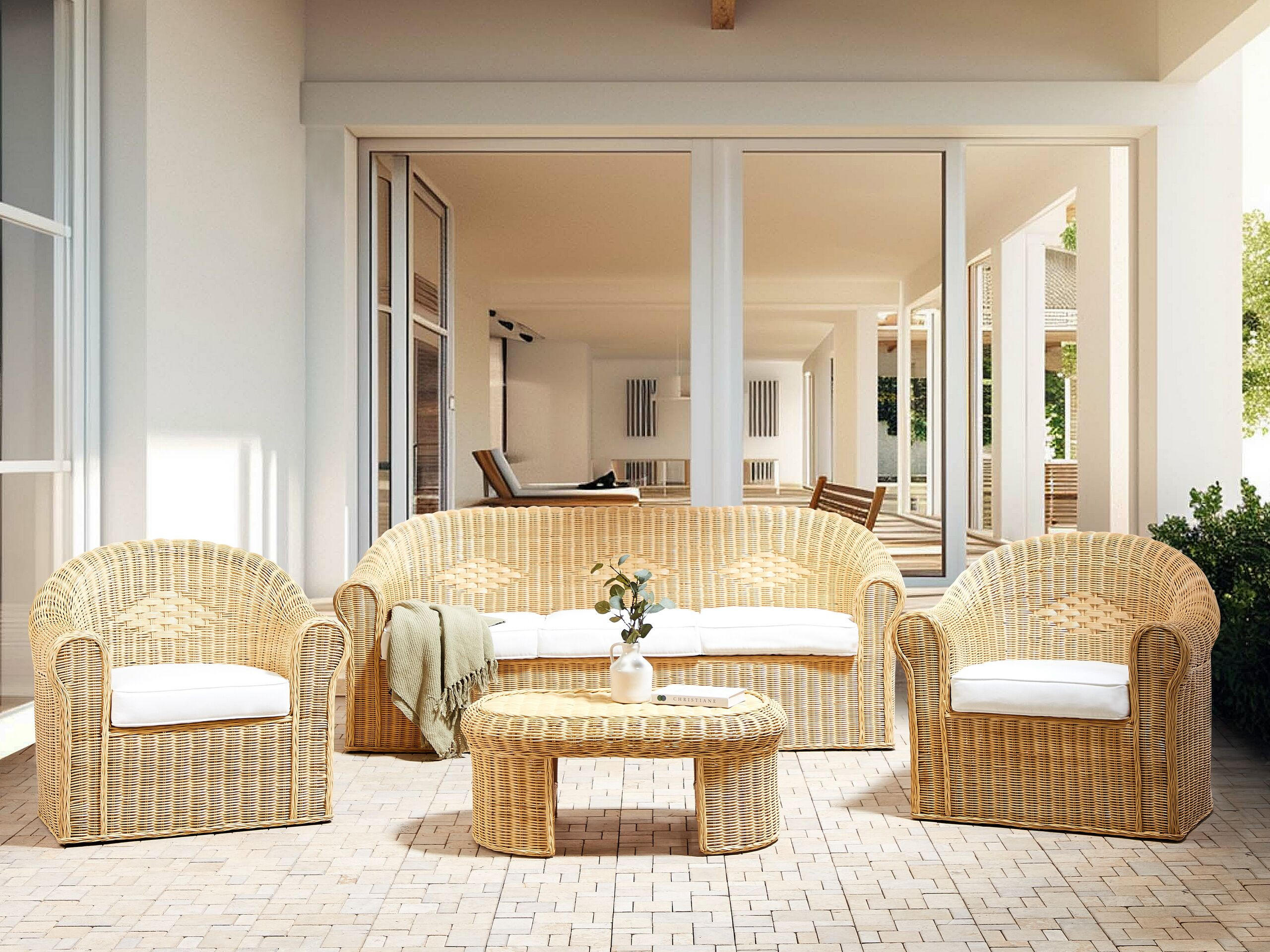 LOUNGE SET 5-Sitzer Rattan naturfarben Auflagen weiß Fracasti - Naturfarben, Naturmaterialien - Beliani