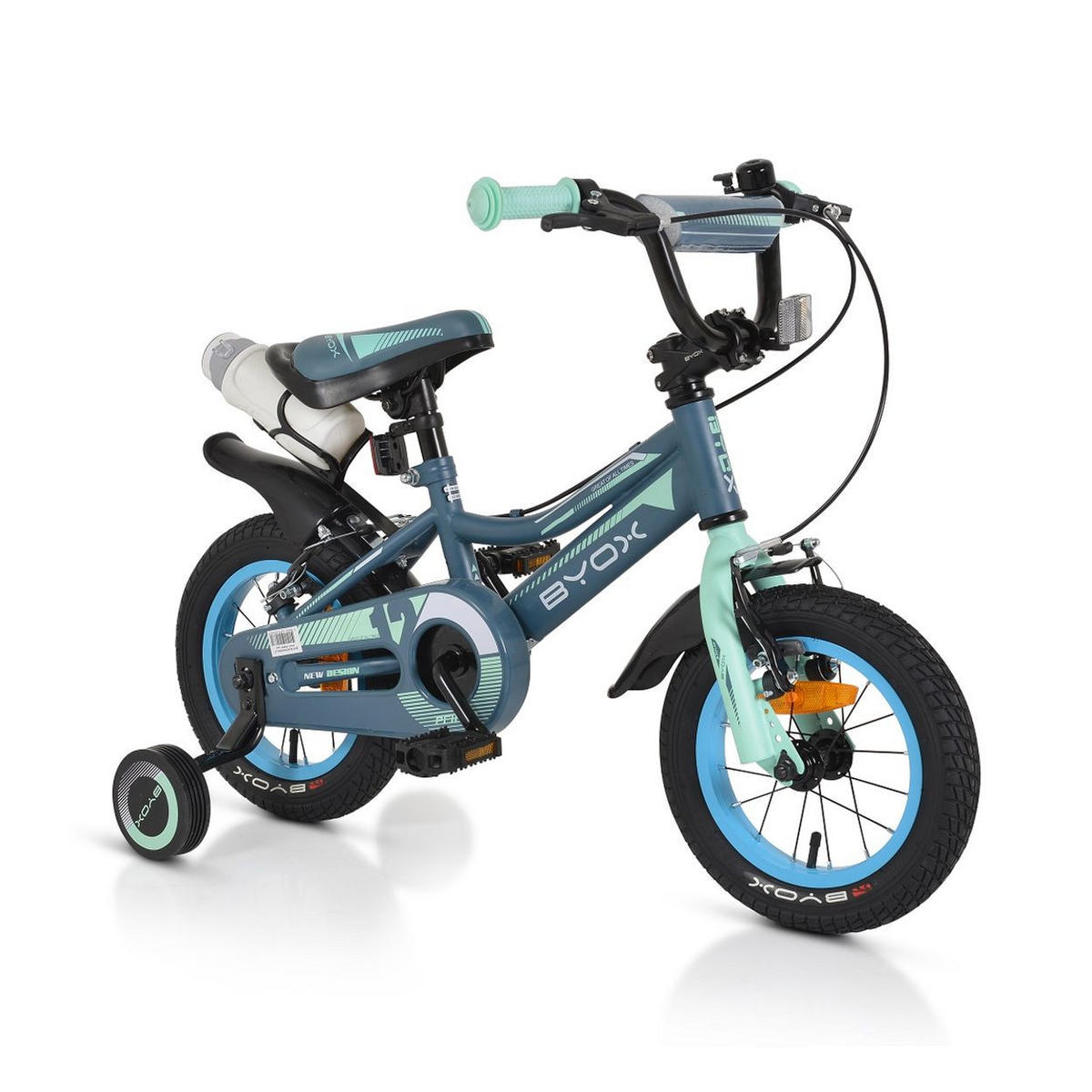 KINDERFAHRRAD 12 Zoll Prince grau-blau sportliches Design, Stützräder, Kettenschutz - Grau, Metall (63cm)
