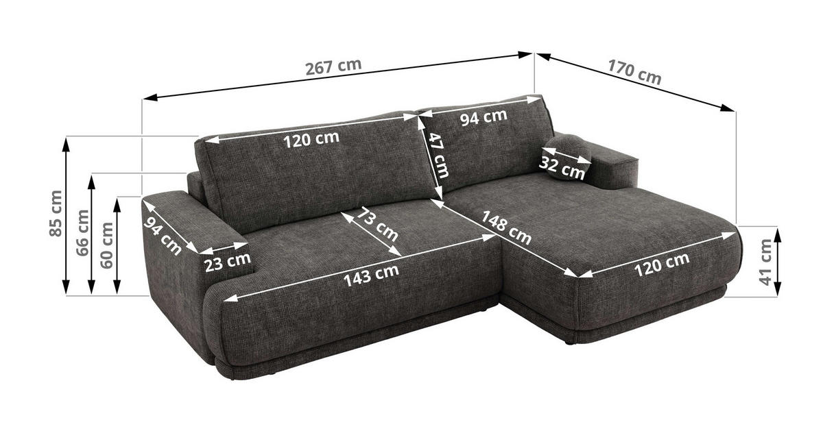 ECKSCHLAFSOFA RINA L Grau Schenille grob gewebt - links - Schwarz/Grau, Kunststoff/Textil (267/170cm) - MKS