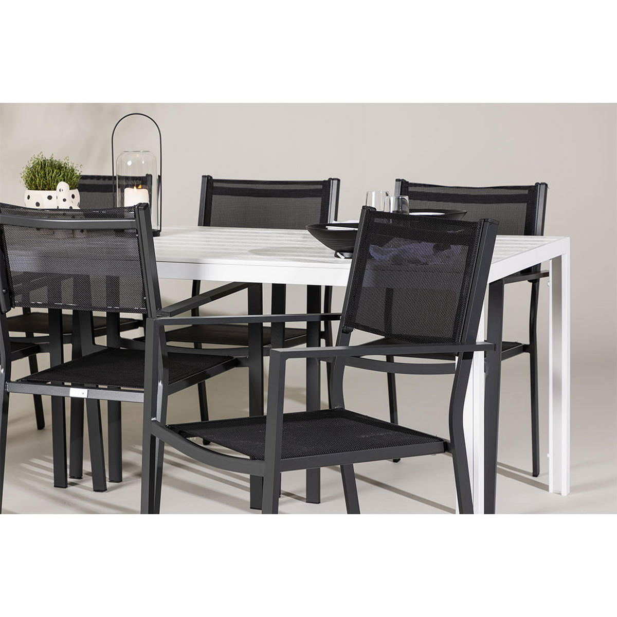 GARTENSET, Break, Tisch Weiß, Stühle Schwarz, Metall / Stoff, 90 x 205 x 75 cm, 7-teilig - Weiß, Metall - ebuy24