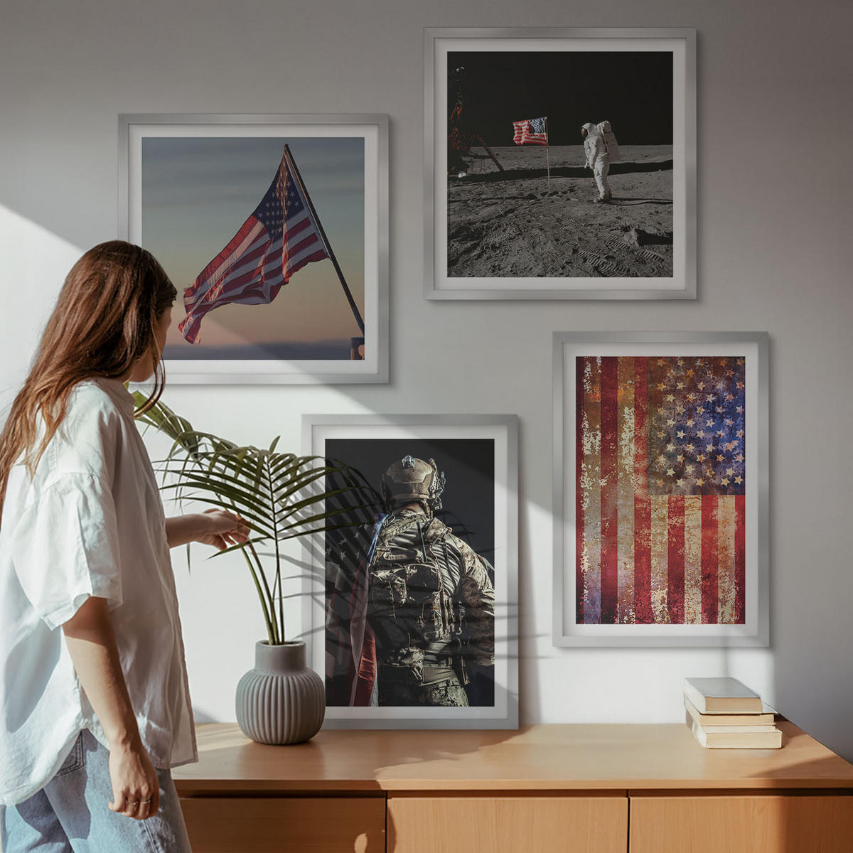BILDER SET 4er Set - 50x50 cm & 40x60 cm Silberner Rahmen - Amerikanische Symbole, USA-Flagge - Silberfarben, Kunststoff (50/50cm) - TULUP