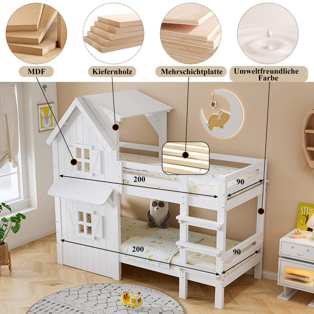 HAUSBETT 90/200 cm Weiß mit Dach, Fenstern und Sicherheitsgeländern - Weiß, Holzwerkstoff (90/200cm) - Flora Grace