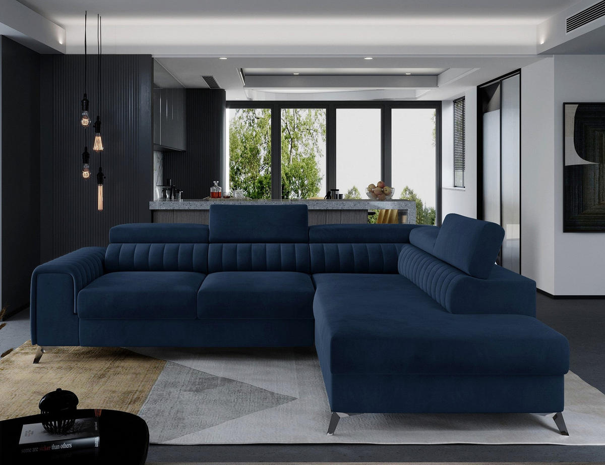 ECKSOFA Laurence mit Schlaffunktion & Bettkasten – 278 x 205 cm, verstellbare Kopfstützen - Blau, Kunststoff (278/205cm) - Wohnideebilder