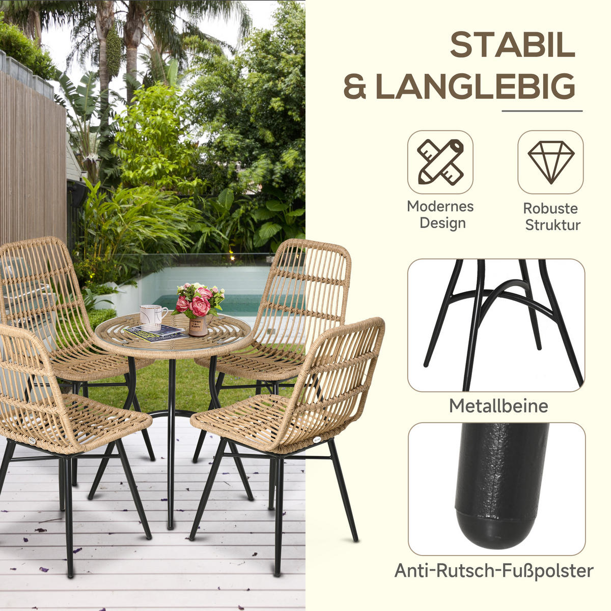 GARTENMÖBEL-SET mit 4 Stühlen Outdoor Metall Natur - Naturfarben, Kunststoff - Outsunny