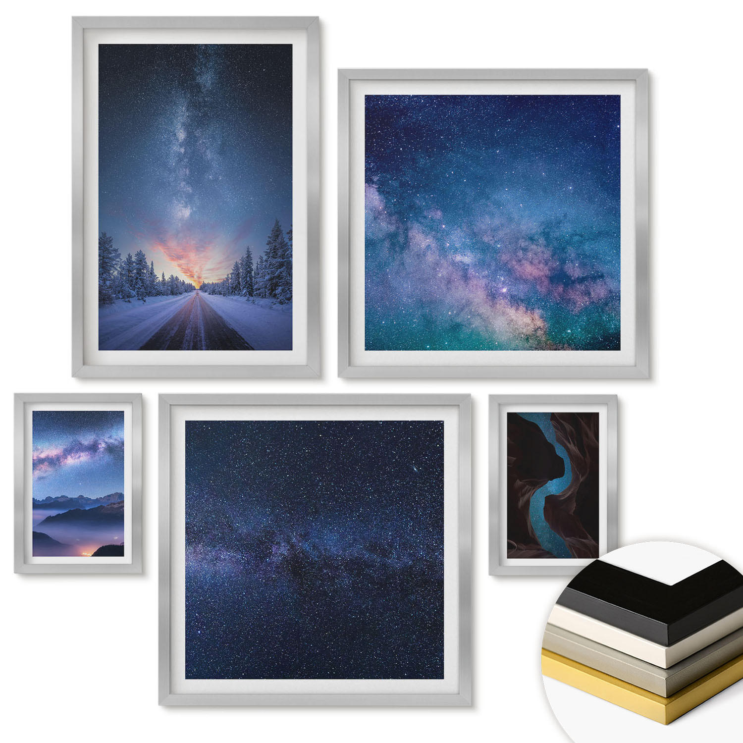 WANDBILDER 5er Set - 50x50 cm & 20x30 cm & 40x60 cm Silberner Rahmen - Herbstliche Naturlandschaften - Silberfarben, Kunststoff (40/60cm) - ArtPrintCave