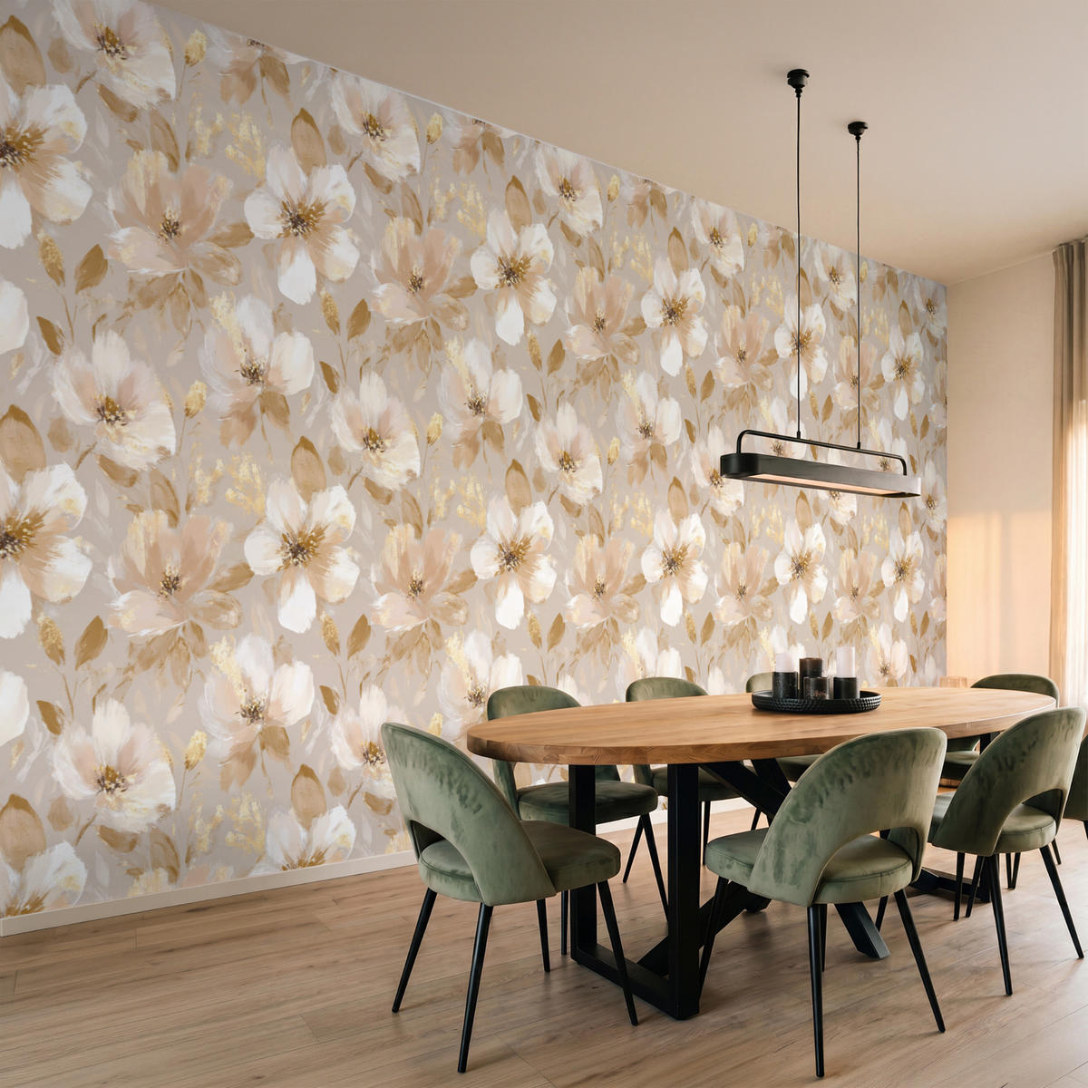 TAPETE - Blumen - künstlerisch - Gold - 450x200 cm - Beige, Papier (450/200cm) - OnlyWow
