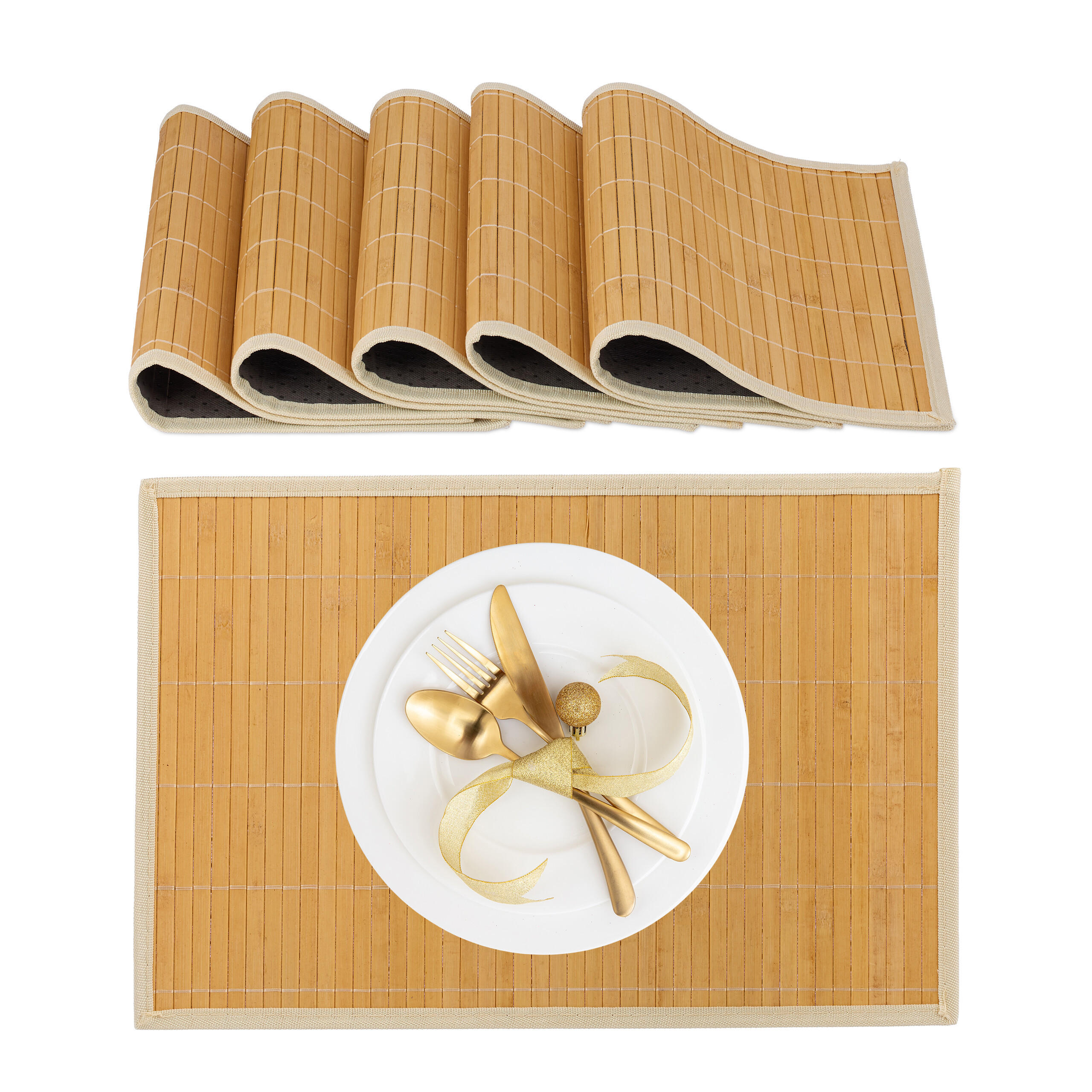 TISCHSET 6-tlg. - Creme, Holz/Textil (30/45/0.3cm) - Relaxdays