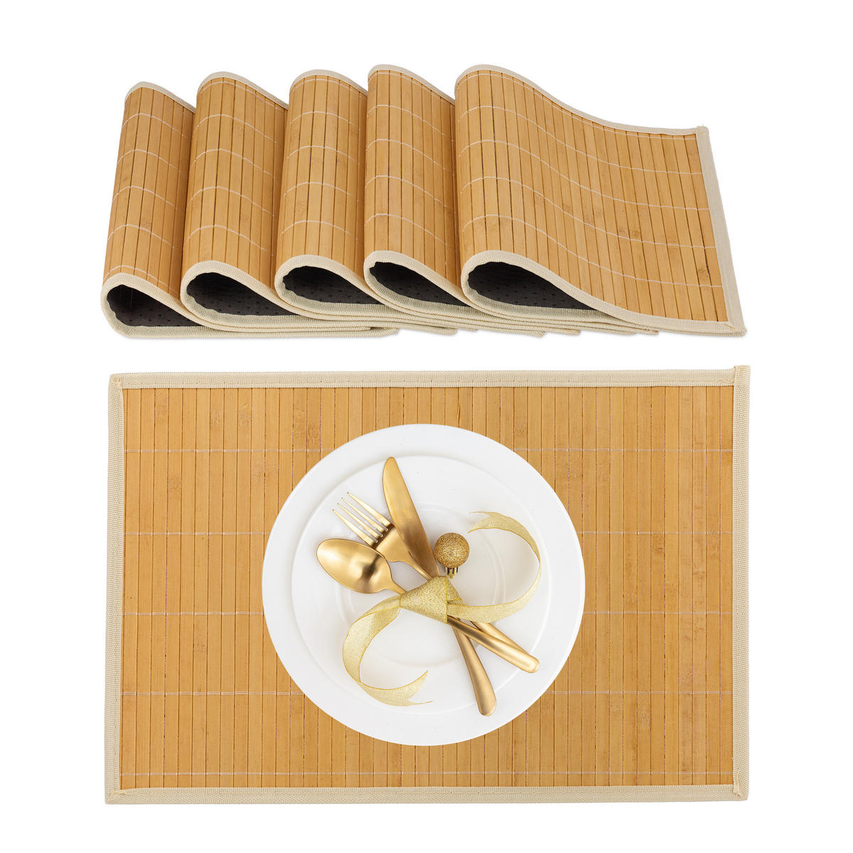 TISCHSET 6-tlg. - Creme, Holz/Textil (30/45/0.3cm) - Relaxdays